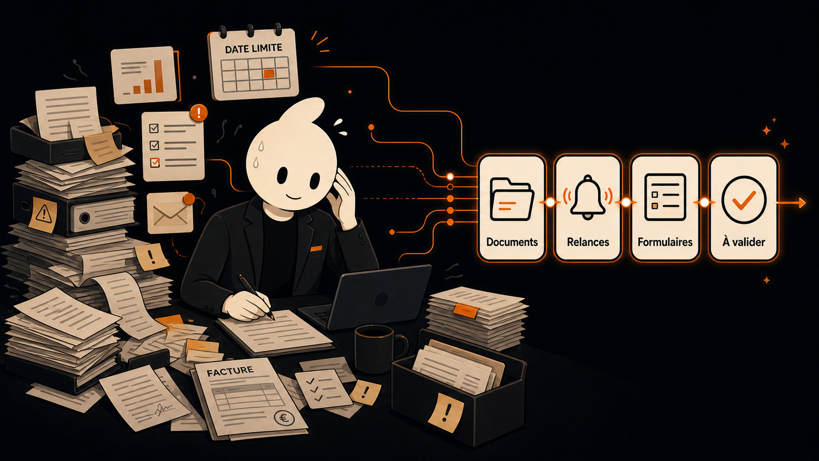 Mascotte Smartbricks débordée par la paperasse administrative, les documents, relances, formulaires et validations transformés en workflow IA