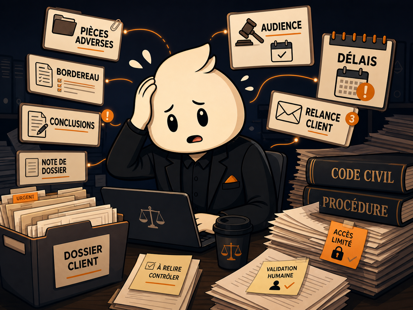 Mascotte débordée par un dossier client d'avocat avec pièces adverses, bordereau de pièces, conclusions à relire, audience, délais de procédure et validation humaine